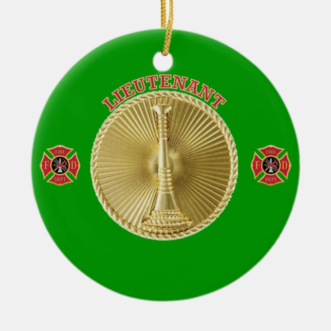 Firefighter Lieutenant’s Gold Bugle Medallion Ceramic Tree Decoration (Front)