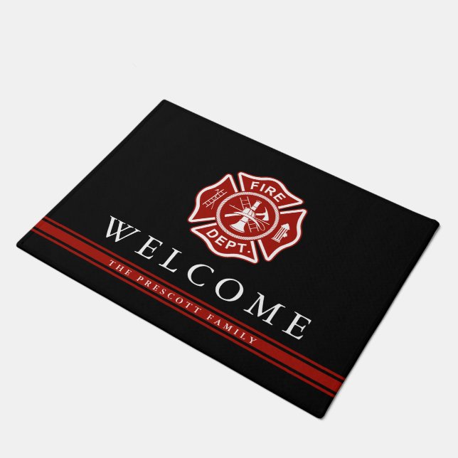 Firefighter Maltese Cross | Family Name Welcome Doormat (Angled)