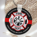 Firefighter Maltese Cross Personalized Fireman Key Ring<br><div class="desc">Personalized Thin Red Line Maltese Cross Firefighter Keychain - modern black red and silver design . Personalize with fire departments, firefighter name, or your text. This personalized firefighter keychain is perfect for fire departments, fire service, or as a memorial keepsake, christmas gifts or stocking stuffers. COPYRIGHT © 2020 Judy Burrows,...</div>