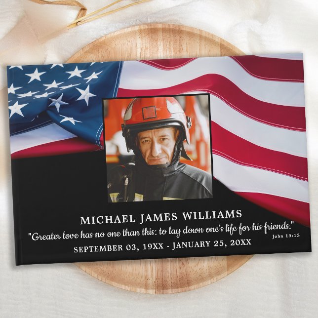 Firefighter Memorial American Flag Photo Funeral Guest Book (Creator Uploaded)