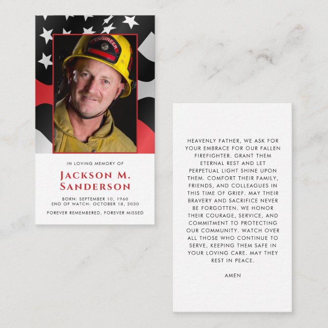 Firefighter Memorial Red Line Photo Prayer Card (Front/Back)