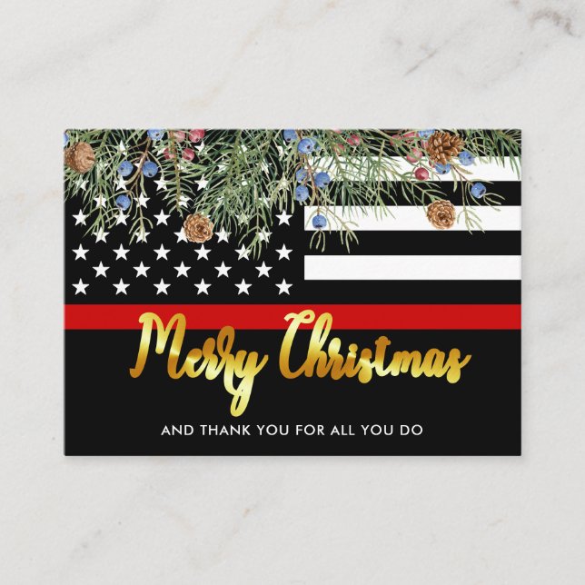 Firefighter Merry Christmas Red Line Thank You  Business Card (Front)