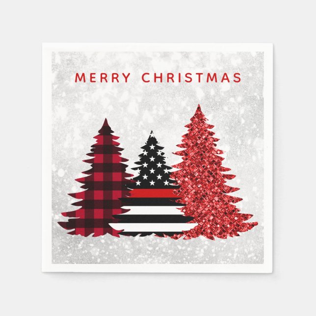 Firefighter Merry Christmas Tree Red Glitter Plaid Napkin (Front)