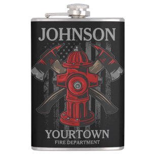 Firefighter NAME Fire Department Hydrant USA Flag Hip Flask