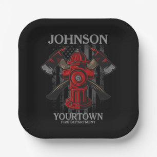 Firefighter NAME Fire Department Hydrant USA Flag Paper Plate