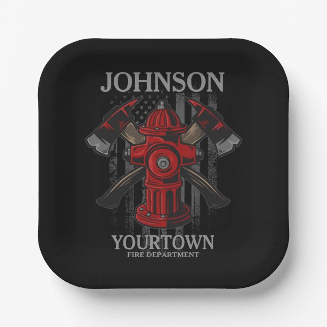 Firefighter NAME Fire Department Hydrant USA Flag  Paper Plate (Front)