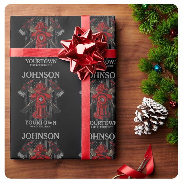 Firefighter NAME Fire Department Hydrant USA Flag  Wrapping Paper (Creator Uploaded)