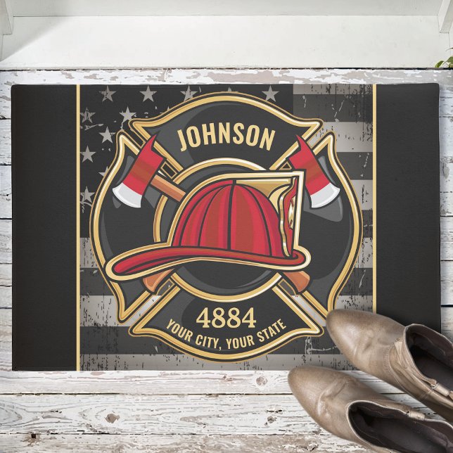 Firefighter NAME Fireman Fire Department USA Flag Doormat (Creator Uploaded)