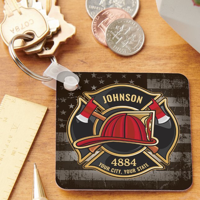 Firefighter NAME Fireman Fire Department USA Flag Key Ring (Creator Uploaded)