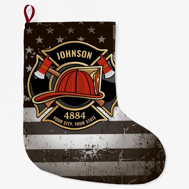 Firefighter NAME Fireman Fire Department USA Flag Large Christmas Stocking (Front)