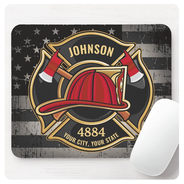 Firefighter NAME Fireman Fire Department USA Flag Mouse Mat (Creator Uploaded)