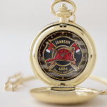 Firefighter NAME Fireman Fire Department USA Flag  Pocket Watch<br><div class="desc">Firefighter NAME Fireman Fire Department USA Flag design - Emblem with Red Helmet and Axe. Customize with your Name,  Station/Dept Number and location.</div>