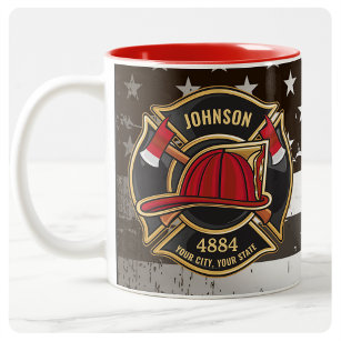 Firefighter NAME Fireman Fire Department USA Flag Two-Tone Coffee Mug