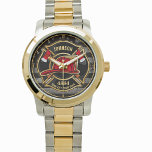 Firefighter NAME Fireman Fire Department USA Flag  Watch<br><div class="desc">Firefighter NAME Fireman Fire Department USA Flag design - Emblem with Red Helmet and Axe. Customise with your Name,  Station/Dept Number and location.</div>