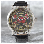 Firefighter NAME Fireman Fire Department USA Flag Watch<br><div class="desc">Firefighter NAME Fireman Fire Department USA Flag design - Emblem with Red Helmet and Axe. Customise with your Name,  Station/Dept Number and location.</div>