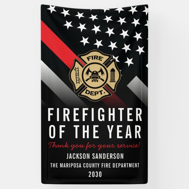 Firefighter of the Year Employee Logo Red Line Banner (Vertical)