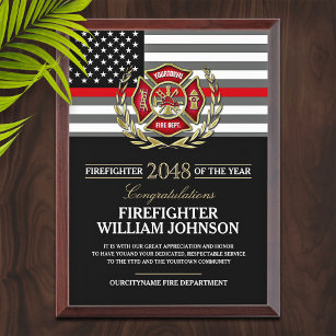 Firefighter of the Year Thin Red Line Flag Award Plaque