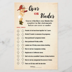 Firefighter Over or Under Baby Shower Game Card
