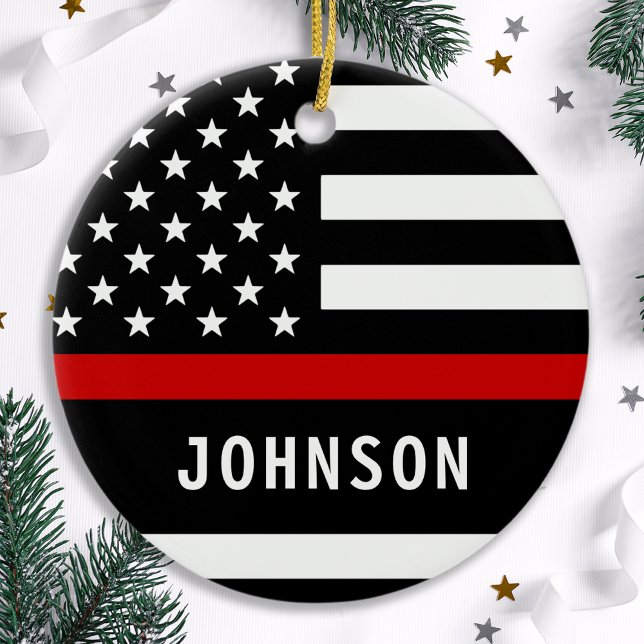 Firefighter Personalised Modern Thin Red Line Ceramic Tree Decoration (Creator Uploaded)