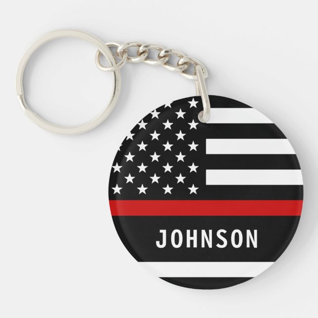 Firefighter Personalised Modern Thin Red Line Key Ring (Front)