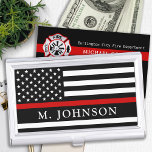 Firefighter Personalised Thin Red Line Business Card Holder<br><div class="desc">Thin Red Line Business Card Case - American flag in Firefighter Flag colours, modern black red design . Personalise with firefighter business card case with fireman name. This personalised firefighter business card holder is perfect for firefighters and fire departments, a wonderful gift for a firefighter retirement, or fire service graduation....</div>