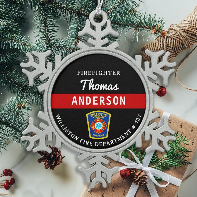 Firefighter Personalised Thin Red Line Fire Rescue Snowflake Pewter Christmas Ornament (Creator Uploaded)