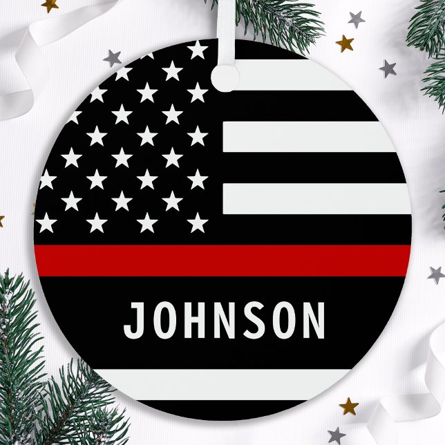 Firefighter Personalized Modern Thin Red Line Metal Tree Decoration (Creator Uploaded)