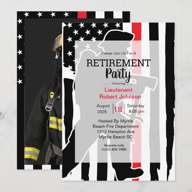Firefighter Photo American Flag Retirement Party Invitation (Front/Back)