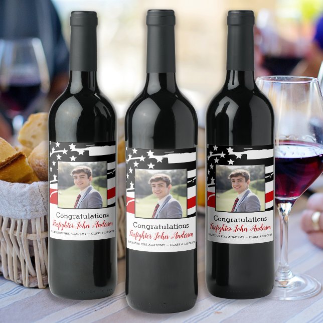 Firefighter Photo Thin Red Line Graduation Wine Label (Creator Uploaded)