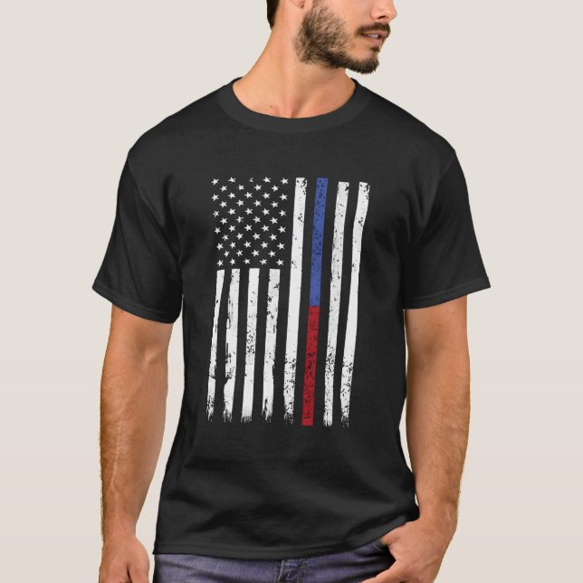 Firefighter Police Officer Thin Red Blue Line Usa  T-Shirt (Front)