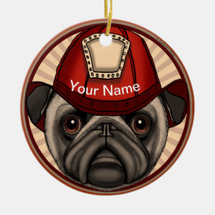 Firefighter Pug  Ceramic Tree Decoration