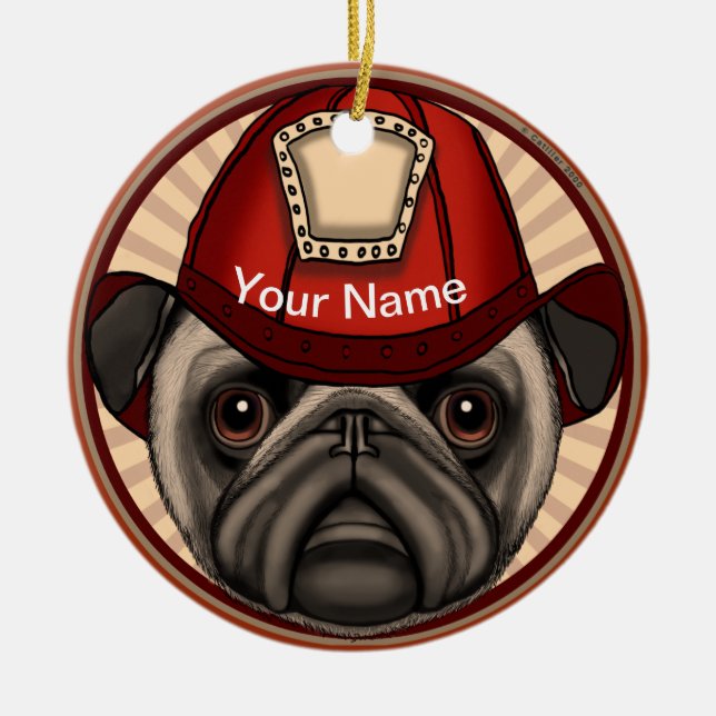 Firefighter Pug  Ceramic Tree Decoration (Front)