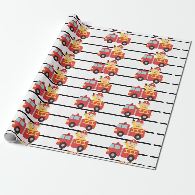 Firefighter red and fire truck pattern wrapping paper (Unrolled)