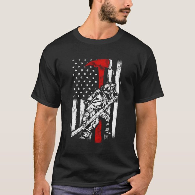 Firefighter Red Axe Distressed Fire American Flag T-Shirt (Front)