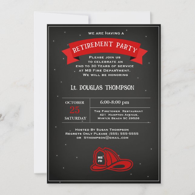 Firefighter Red Black Retirement  Party  Invitation (Front)