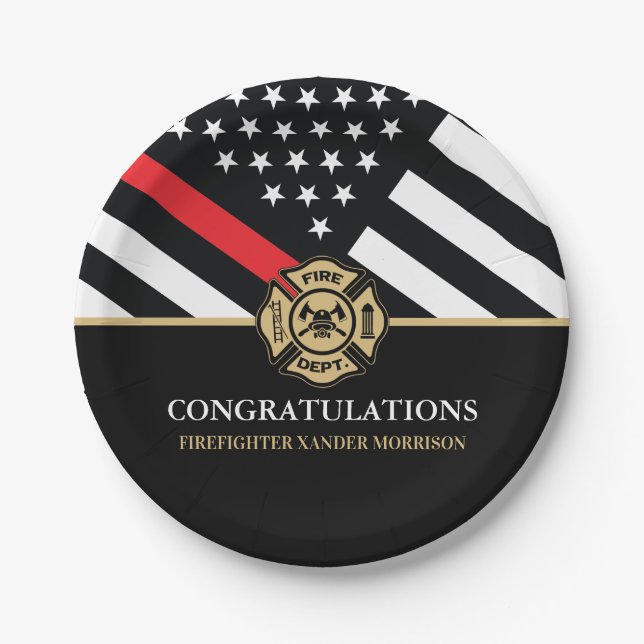 Firefighter Red Line Flag Fire Academy Graduation Paper Plate (Front)