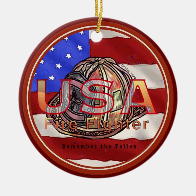 Firefighter remember the fallen  ceramic tree decoration (Front)