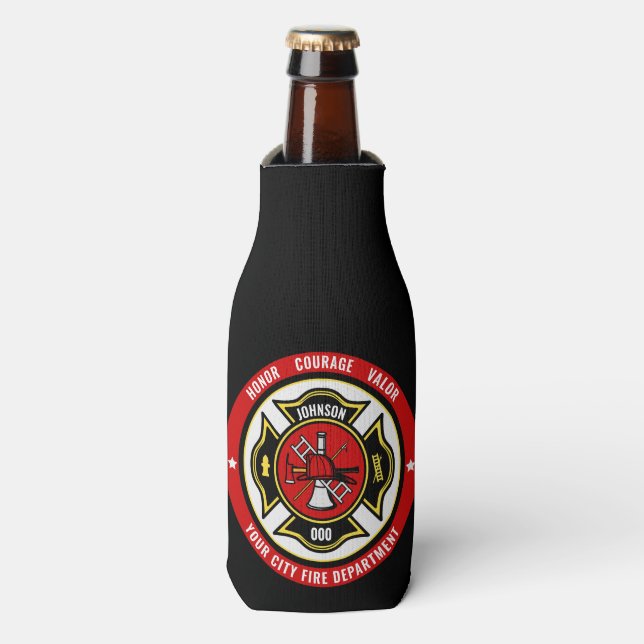 Firefighter Rescue ADD NAME Fire Department Badge Bottle Cooler (Bottle Front)