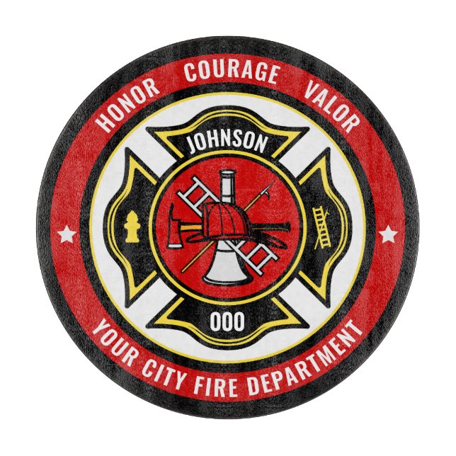 Firefighter Rescue ADD NAME Fire Department Badge Cutting Board (Front)