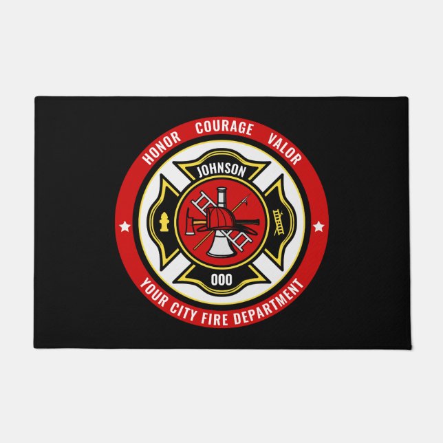 Firefighter Rescue ADD NAME Fire Department Badge Doormat (Front)