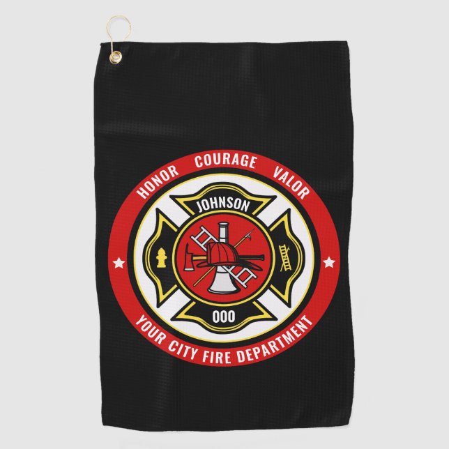 Firefighter Rescue ADD NAME Fire Department Badge Golf Towel (Front)