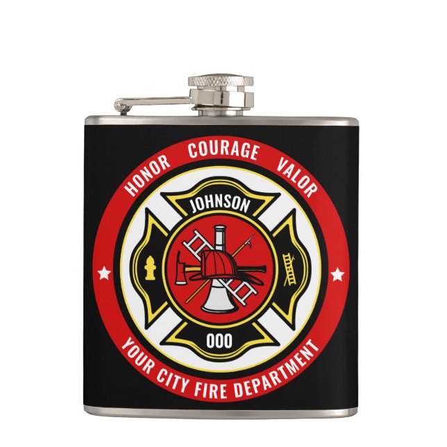 Firefighter Rescue ADD NAME Fire Department Badge Hip Flask (Front)