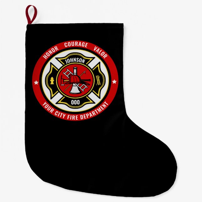 Firefighter Rescue ADD NAME Fire Department Badge Large Christmas Stocking (Front)