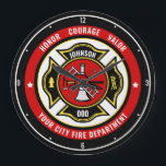 Firefighter Rescue ADD NAME Fire Department Badge Large Clock<br><div class="desc">Fire Department ADD NAME Fireman Firefighter Badge design - Emblem with Helmet and Axe. Customise with your Name,  Station/Dept Number and location.</div>