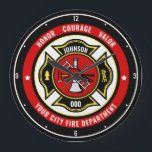 Firefighter Rescue ADD NAME Fire Department Badge Large Clock<br><div class="desc">Fire Department ADD NAME Fireman Firefighter Badge design - Emblem with Helmet and Axe. Customise with your Name,  Station/Dept Number and location.</div>