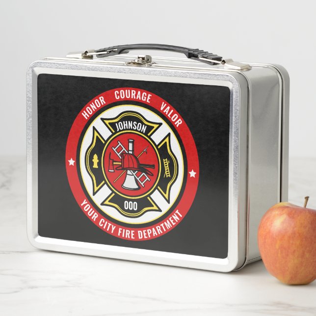 Firefighter Rescue ADD NAME Fire Department Badge Metal Lunch Box (In Situ)