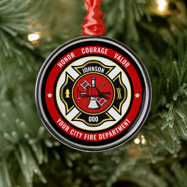 Firefighter Rescue ADD NAME Fire Department Badge Metal Tree Decoration (Tree)