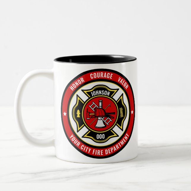 Firefighter Rescue ADD NAME Fire Department Badge Two-Tone Coffee Mug (Left)