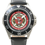 Firefighter Rescue ADD NAME Fire Department Badge Watch<br><div class="desc">Fire Department ADD NAME Fireman Firefighter Badge design - Emblem with Helmet and Axe. Customise with your Name,  Station/Dept Number and location.</div>
