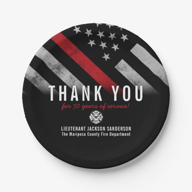 Firefighter Retirement Anniversary Red Line Flag Paper Plate (Front)